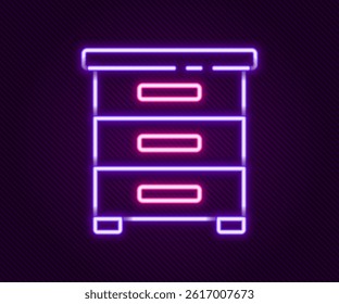 Glowing neon line Drawer with documents icon isolated on black background. Archive papers drawer. File Cabinet Drawer. Office furniture. Colorful outline concept. Vector