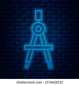 Glowing neon line Drawing compass icon isolated on brick wall background. Compasses sign. Drawing and educational tools. Geometric instrument.  Vector Illustration