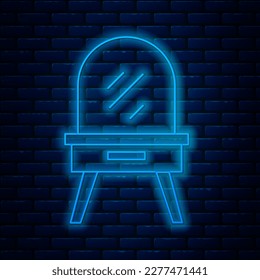 Glowing neon line Dressing table icon isolated on brick wall background.  Vector