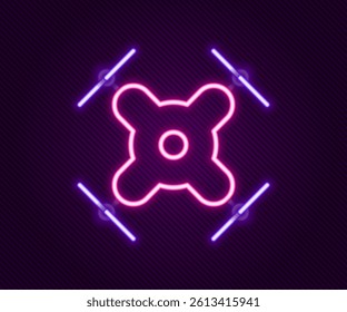 Glowing neon line Drone flying icon isolated on black background. Quadrocopter with video and photo camera symbol. Colorful outline concept. Vector