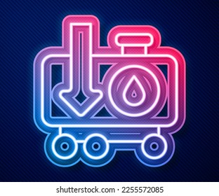 Glowing neon line Drop in crude oil price icon isolated on blue background. Oil industry crisis concept.  Vector
