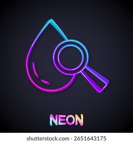 Glowing neon line Drop and magnifying glass icon isolated on black background.  Vector