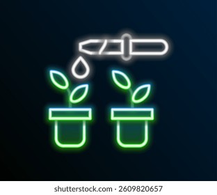 Glowing neon line Drop of water drops from pipette on plant icon isolated on black background. Medical or agricultural experiments. Fertilizers and pesticides. Colorful outline concept. Vector