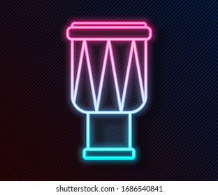 Glowing neon line Drum icon isolated on black background. Music sign. Musical instrument symbol.  Vector Illustration