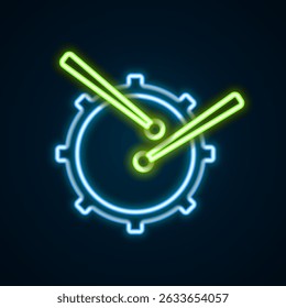 Linha de neon brilhante Tambor com baquetas ícone isolado no fundo preto. Sinal de música. Símbolo do instrumento musical. Conceito de contorno colorido. Vetor
