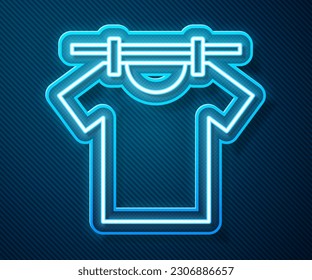 Glowing neon line Drying clothes icon isolated on blue background. Clean shirt. Wash clothes on a rope with clothespins. Clothing care and tidiness.  Vector