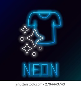 Glowing neon line Drying clothes icon isolated on black background. Clean shirt. Wash clothes on a rope with clothespins. Clothing care and tidiness. Colorful outline concept. Vector