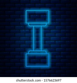 Glowing neon line Dumbbell icon isolated on brick wall background. Muscle lifting icon, fitness barbell, gym icon, sports equipment symbol, exercise bumbbell.  Vector Illustration