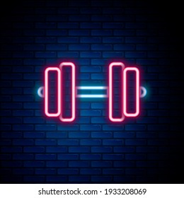 Glowing neon line Dumbbell icon isolated on brick wall background. Muscle lifting, fitness barbell, gym, sports equipment symbol, exercise bumbbell. Colorful outline concept. Vector