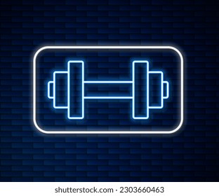 Glowing neon line Dumbbell icon isolated on brick wall background. Muscle lifting, fitness barbell, sports equipment.  Vector