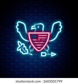Glowing neon line Eagle icon isolated on brick wall background. American Presidential symbol. Colorful outline concept. Vector