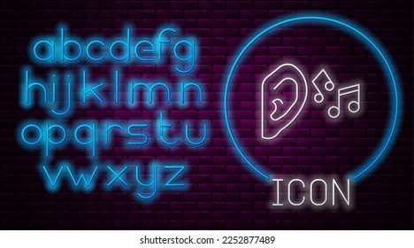 Glowing neon line Ear listen sound signal icon isolated on brick wall background. Ear hearing. Neon light alphabet. Vector