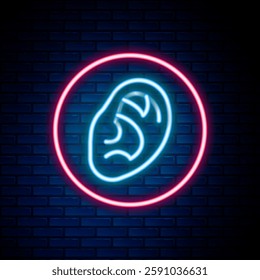 Glowing neon line Ear listen sound signal icon isolated on brick wall background. Ear hearing. Colorful outline concept. Vector