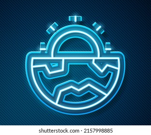 Glowing Neon Line Earth Core Structure Crust Icon Isolated On Blue Background.  Vector