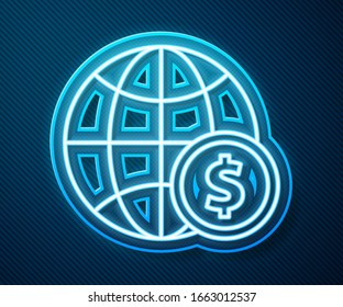 Glowing neon line Earth globe with dollar symbol icon isolated on blue background. World or Earth sign. Global internet symbol. Geometric shapes.  Vector Illustration