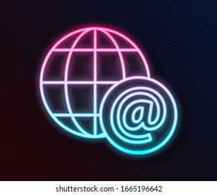 Glowing neon line Earth globe with mail and e-mail icon isolated on black background. Envelope symbol e-mail. Email message sign.  Vector Illustration