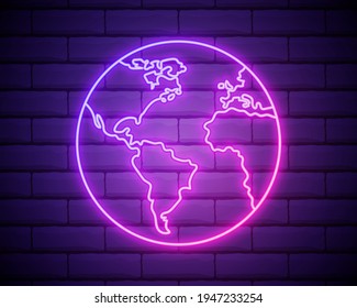 Glowing neon line Earth globe icon isolated on brick wall background. World or Earth sign. Global internet symbol. Geometric shapes. Vector Illustration.