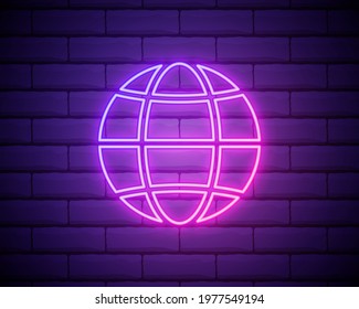 Glowing neon line Earth globe icon isolated on brick wall background. World or Earth sign. Global internet symbol. Geometric shapes. Vector Illustration
