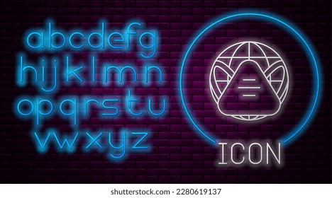 Glowing neon line Earth globe with medical mask icon isolated on brick wall background. Neon light alphabet. Vector