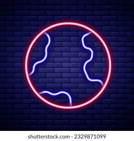 Glowing neon line Earth globe icon isolated on brick wall background. World or Earth sign. Global internet symbol. Geometric shapes. Colorful outline concept. Vector
