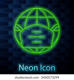 Glowing neon line Earth globe with medical mask icon isolated on brick wall background.  Vector