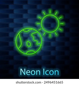 Globo de tierra de línea de neón brillante e icono de sol aislado en el fondo de la pared de ladrillo. Signo del mundo o de la Tierra. Símbolo global de internet. Formas geométricas.  Ilustración vectorial