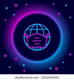 Glowing neon line Earth globe with medical mask icon isolated on black background. Colorful outline concept. Vector