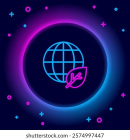 Glowing neon line Earth globe and leaf icon isolated on black background. World or Earth sign. Geometric shapes. Environmental concept. Colorful outline concept. Vector