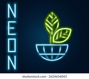 Glowing neon line Earth globe and plant icon isolated on black background. World or Earth sign. Geometric shapes. Environmental concept. Colorful outline concept. Vector Illustration