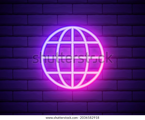 Glowing neon line Earth globe icon isolated\
on brick wall background. World or Earth sign. Global internet\
symbol. Geometric shapes. Vector\
Illustration.