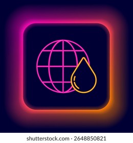 Glowing neon line Earth planet in water drop icon isolated on black background. World globe. Saving water and world environmental protection. Colorful outline concept. Vector
