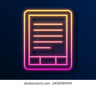 Icono de lector de libros electrónicos de línea de neón brillante aislado sobre fondo negro.  Vector