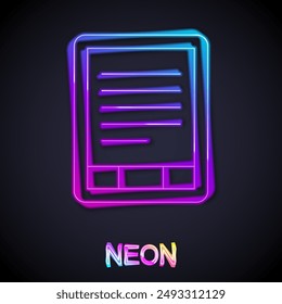 Glowing neon line E-Book reader icon isolated on black background.  Vector