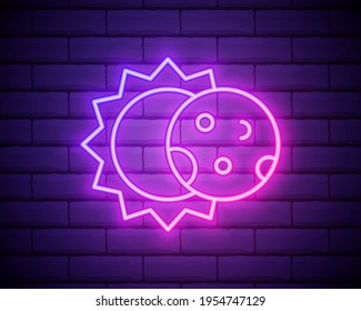 Glowing neon line Eclipse of the sun icon isolated on brick wall background. Total sonar eclipse. Vector Illustration.