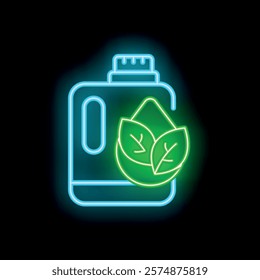 Glowing neon line eco friendly cleaning detergent bottle with a drop and leaves icon isolated on black background vector illustration