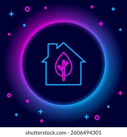 Glowing neon line Eco friendly house icon isolated on black background. Eco house with leaf. Colorful outline concept. Vector
