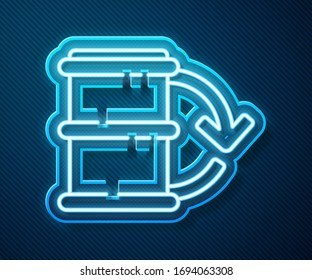 Glowing neon line Eco fuel barrel icon isolated on blue background. Eco bio and barrel. Green environment and recycle.  Vector Illustration