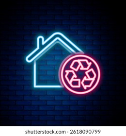 Glowing neon line Eco House with recycling symbol icon isolated on brick wall background. Ecology home with recycle arrows. Colorful outline concept. Vector