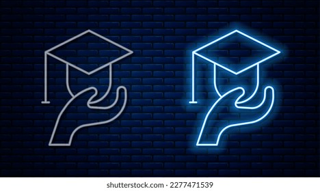 Glowing neon line Education grant icon isolated on brick wall background. Tuition fee, financial education, budget fund, scholarship program, graduation hat.  Vector