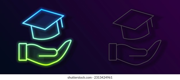 Glowing neon line Education grant icon isolated on black background. Tuition fee, financial education, budget fund, scholarship program, graduation hat.  Vector