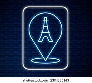 Glowing neon line Eiffel tower icon isolated on brick wall background. France Paris landmark symbol.  Vector