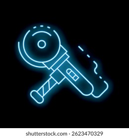 Glowing neon line electric angle grinder cutting steel metal icon isolated on black background. Industrial tool icon. Vector illustration