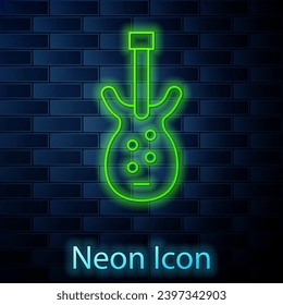 Glowing neon line Electric bass guitar icon isolated on brick wall background.  Vector