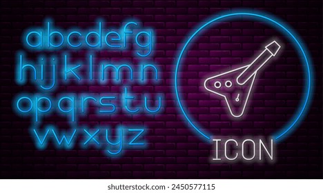 Glowing neon line Electric bass guitar icon isolated on brick wall background. Neon light alphabet. Vector