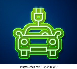 Glowing neon line Electric car and electrical cable plug charging icon isolated on blue background. Renewable eco technologies.  Vector