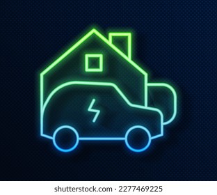 Glowing neon line Electric car parking charging at home wall box charger station on house icon isolated on blue background.  Vector