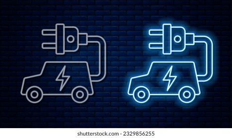 Glowing neon line Electric car and electrical cable plug charging icon isolated on brick wall background. Renewable eco technologies.  Vector