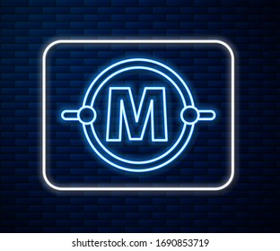 Glowing neon line Electric circuit scheme icon isolated on brick wall background. Circuit board.  Vector Illustration