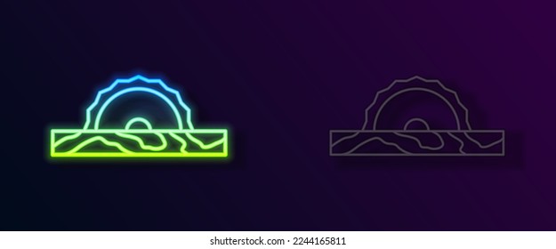 Glowing neon line Electric circular saw with steel toothed disc icon isolated on black background. Electric hand tool for cutting wood or metal.  Vector
