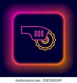 Glowing neon line Electric circular saw with steel toothed disc icon isolated on black background. Electric hand tool for cutting wood or metal. Colorful outline concept. Vector